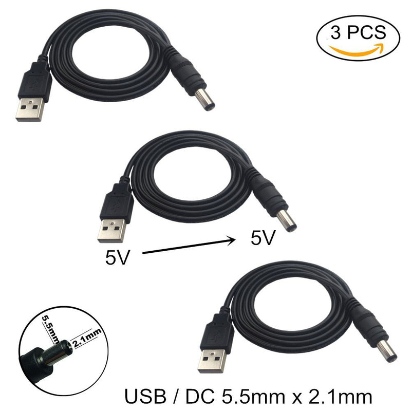 DZYDZR 3 PCS 1m Extension Cable USB to DC Cable - 5V USB 2.0 Port Male to DC 5V Male 5.5mm x 2.1mm Power Cord (3.3ft) Black