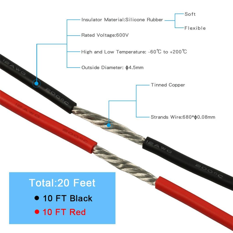 BNTECHGO 12 Gauge Silicone Wire 10 ft red and 10 ft Black Flexible 12 AWG Stranded Copper Wire 12 silicone wire red 10ft and black 10ft silicone wire red and black