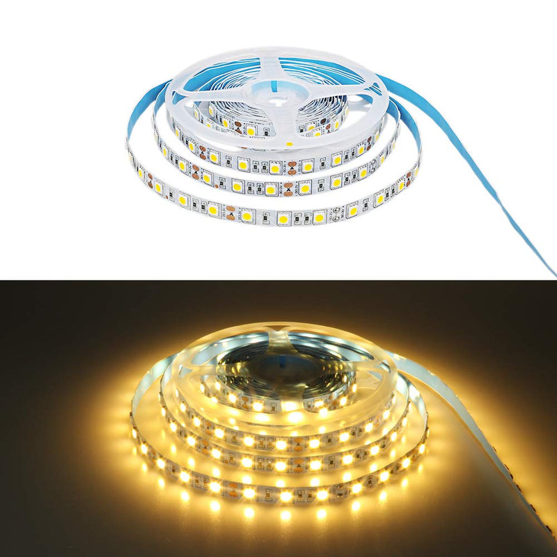 YUNBO LED Strip Light Warm White 3000-3500K, 16.4ft/5M 300 Units Cuttable SMD 5050 12V Waterproof Flexible LED Tape Light for Home, Kitchen Cabinet, Living Room Lighting Decoration