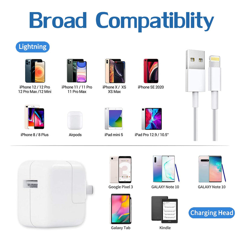 iPad Charger iPhone Charger, 12W USB Wall Charger Foldable Portable Travel Plug with 6FT Lightning Cable Compatible with iPhone 12/11/X/8/7, iPad, iPad Mini, iPad Air 1/2/3, iPad Pro 10.5 inch, iPod