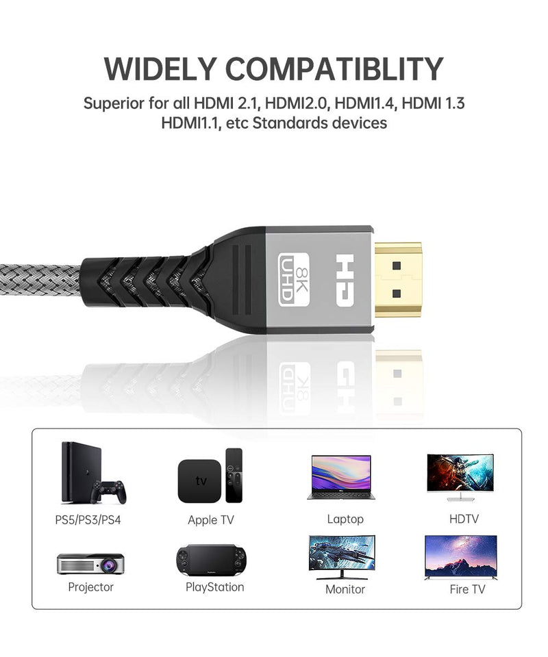 8K HDMI 2.1 Cable 3Ft,ALLEASA Ultra High Speed 8K@60Hz,4K@120Hz@144Hz DSC,HDR UHD 7680×4320,eARC HDR10+,HDCP 2.2&2.3,Compatible with PS5/PS4/PS3(Gray) 3 FT GREY