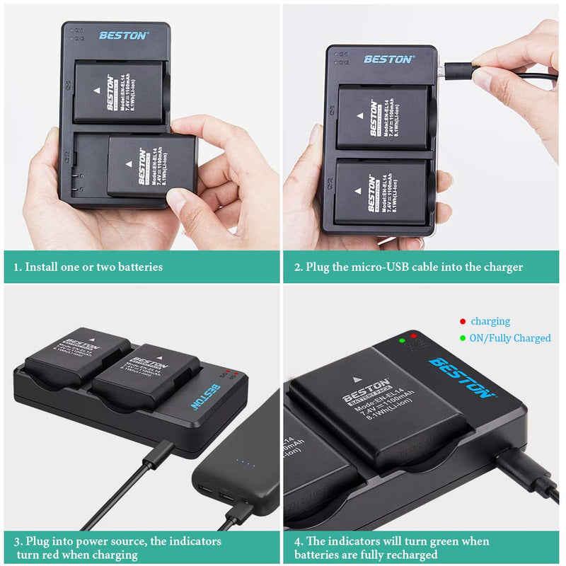 BESTON 2-Pack EN-EL14 / EN-EL14a Battery Packs and Rapid USB Charger for Nikon D3100 D3200 D3300 D3400 D3500 D5100 D5200 D5300 D5500 D5600 DF Coolpix P7000 P7100 P7700 P7800 Cameras