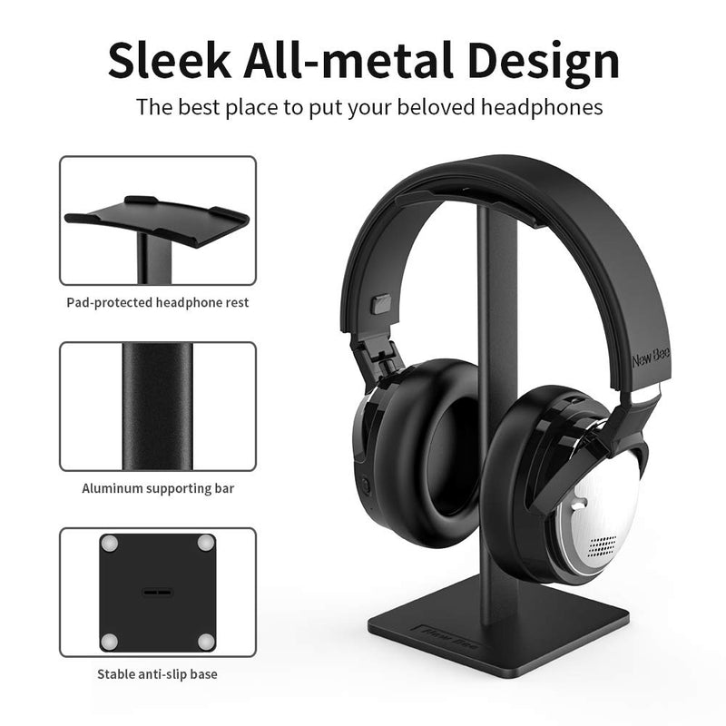 Headphone Stand Headset Holder New Bee Earphone Stand with Aluminum Supporting Bar Flexible Headrest ABS Solid Base for All Headphones Size (Black) Black