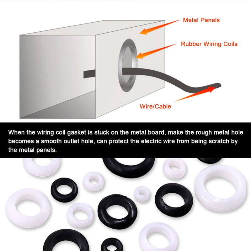 Glarks 200Pcs 9 Sizes Black/White Round Rubber Grommet Assortment Kit Electrical Wiring Coil Gasket for Plugs Cables Wires