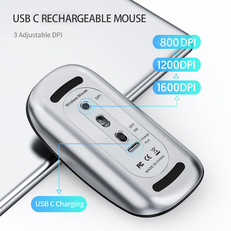 Uiosmuph Wireless Mouse, USB C Rechargeable Computer Mouse, Slim Silent Mice 2.4GHz Optical with USB Nano Receiver and Type C Receiver for Laptop/Mac/PC Matte Black