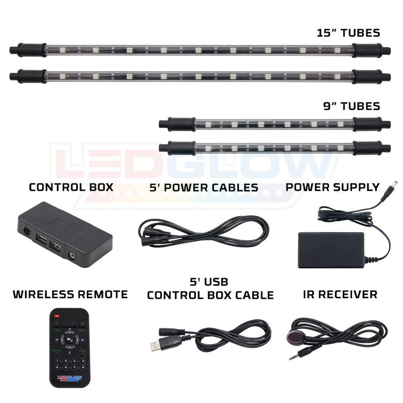 [AUSTRALIA] - LEDGlow 4pc Million Color LED Home Theater TV Accent Bias Lighting Kit - (2) 15" & (2) 9 " Multi-Color Light Tubes Mount Behind The Television - Includes Control Box & Remote 