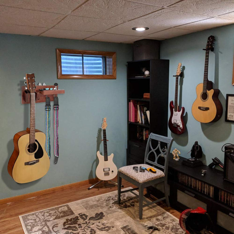 [AUSTRALIA] - Wall Mount Guitar Hanger, Guitar Hanger with Storage Shelf and 3 Metal Hook, Guitar Stand, Guitar Wood Hanging Rack for Electric Guitar, Acoustic Guitar, Bass Guitar, Guitar Accessories, TDTOK 