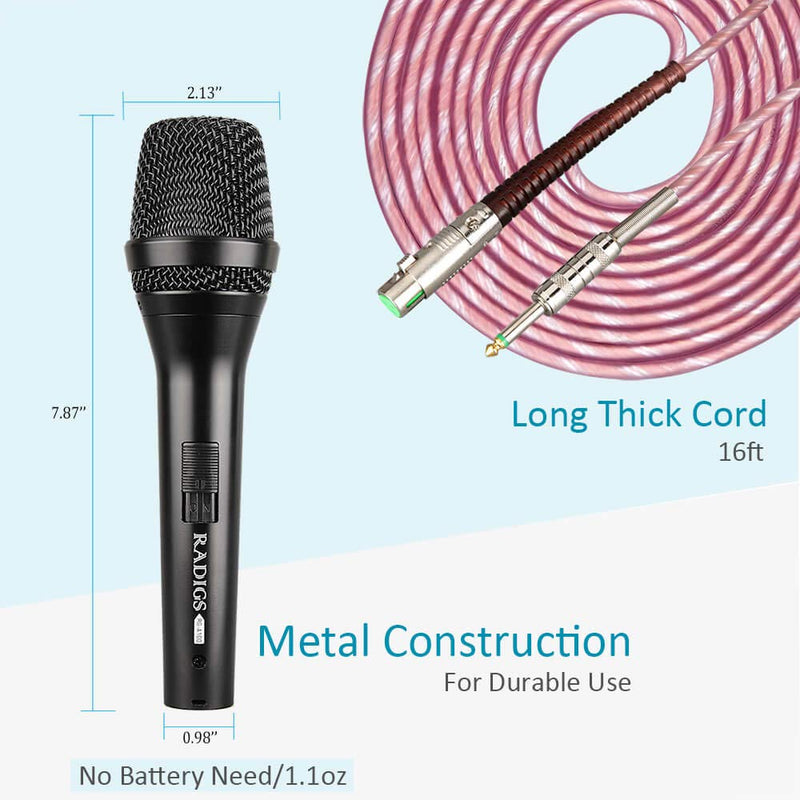 [AUSTRALIA] - Premium Dynamic Karaoke Microphone with On/Off Switch & 16ft XLR Thick Cable, RADIGS Wired Cardioid Mics, Compatible with Karaoke Machine/Mixer/AMP/Speaker, for Singing//Wedding/Home Studio Recording 