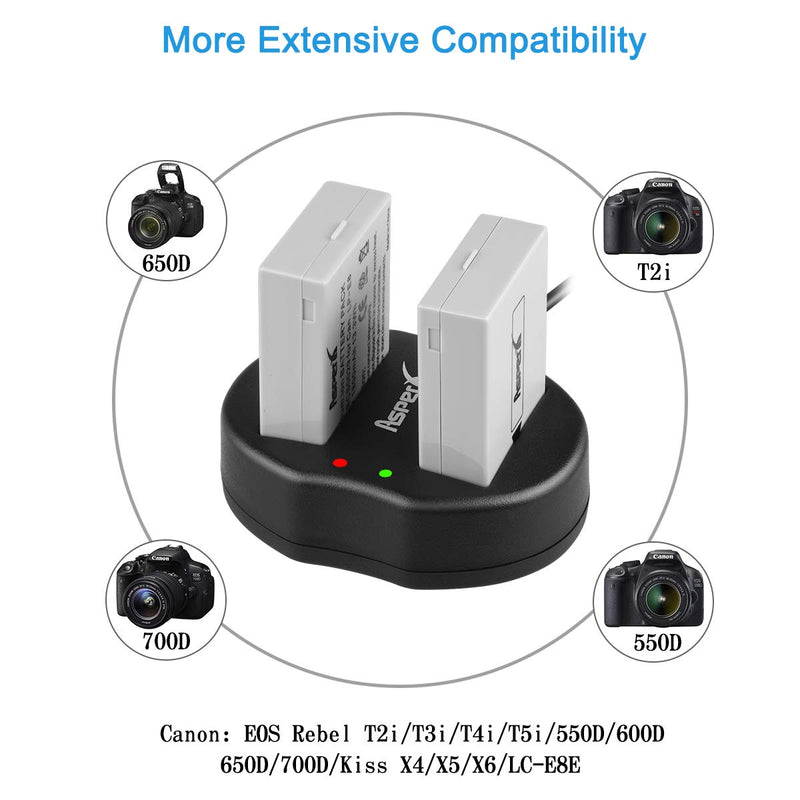 Asperx LP-E8 Battery 2 Pack and Fast Dual Charger Set Compatible with Canon EOS Rebel T2i, T3i, T4i, T5i, EOS 550D, 600D, 650D, 700D, Kiss X4, X5, X6, LC-E8E Digital Camera