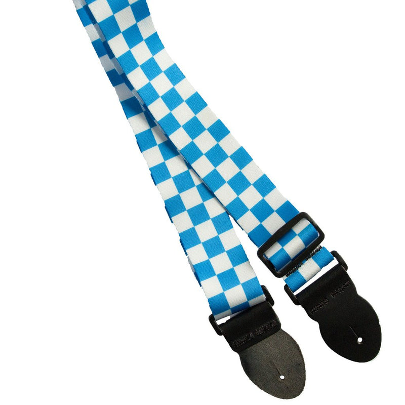 LeatherGraft Print Pattern Checkered Squares Style Electric Acoustic Bass Guitar Strap White & Blue