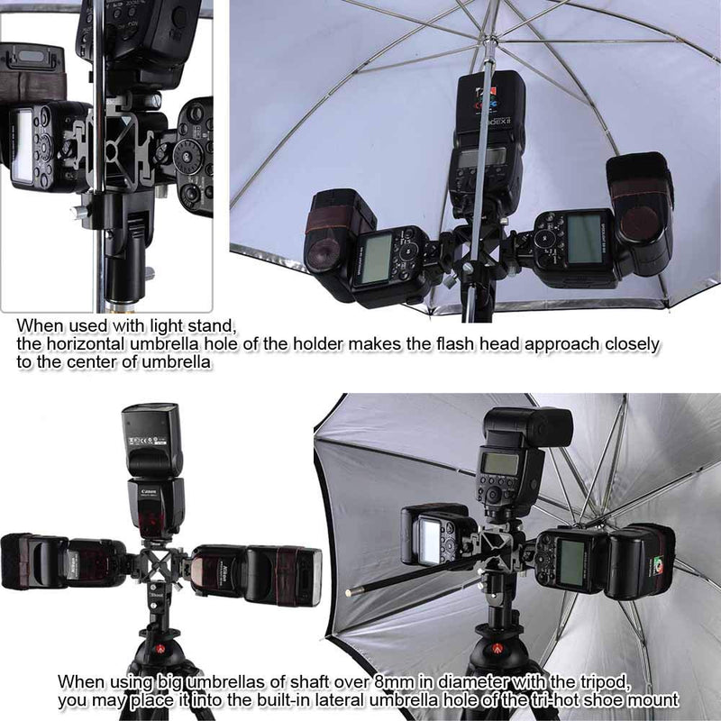 Universal 3-in-1 Tri-Hot Shoe Mount Flash Bracket Holder with 2 Umbrella Hole for Light Stand Camera Tripod Reflective Umbrella Studio Flash Soft Box Speedlite Diffuser