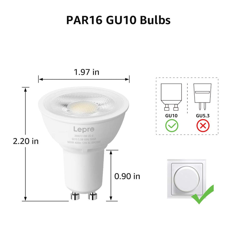 Lepro GU10 LED Light Bulbs, 50W Equivalent, Dimmable 40° Spot Light, 5000K Daylight White Natural Light, 5.5W 400lm, LED Replacement for Recessed Track Lighting, Pack of 6