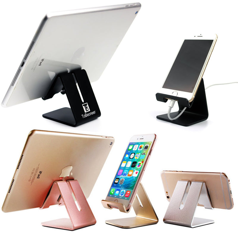 Desk Cell Phone Stand Holder - ToBeoneer Aluminum Desktop Solid Universal Desk Stand for All Mobile Smart Phone Tablet Huawei iPhone X 8 7 6 Plus 5 Ipad 3 4 Ipad Mini Samsung Home Office Decor (Black) Black