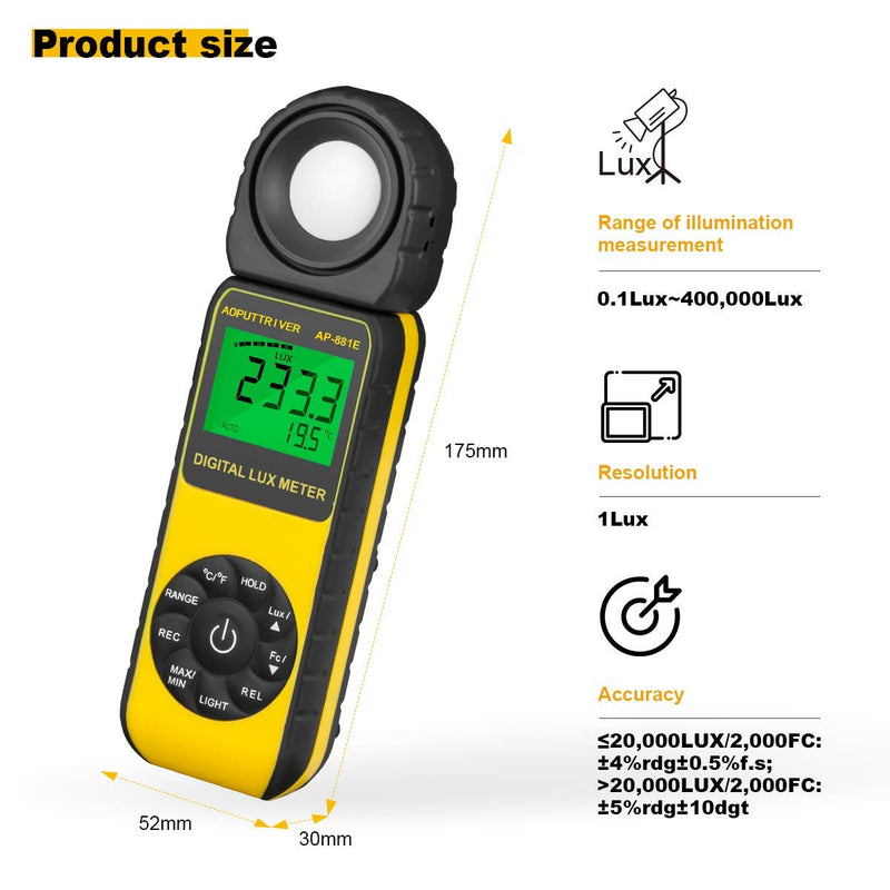 [AUSTRALIA] - Light Meter, lux Meter AP-881E Recording Light Meter for Plants with Display 3999(Range from 1～300,000Lux), Lux/Fc Unit, MAX/MIN, Back Light, Data Hold, Data Storage AP-881E(0.01~300,000 Lux) 