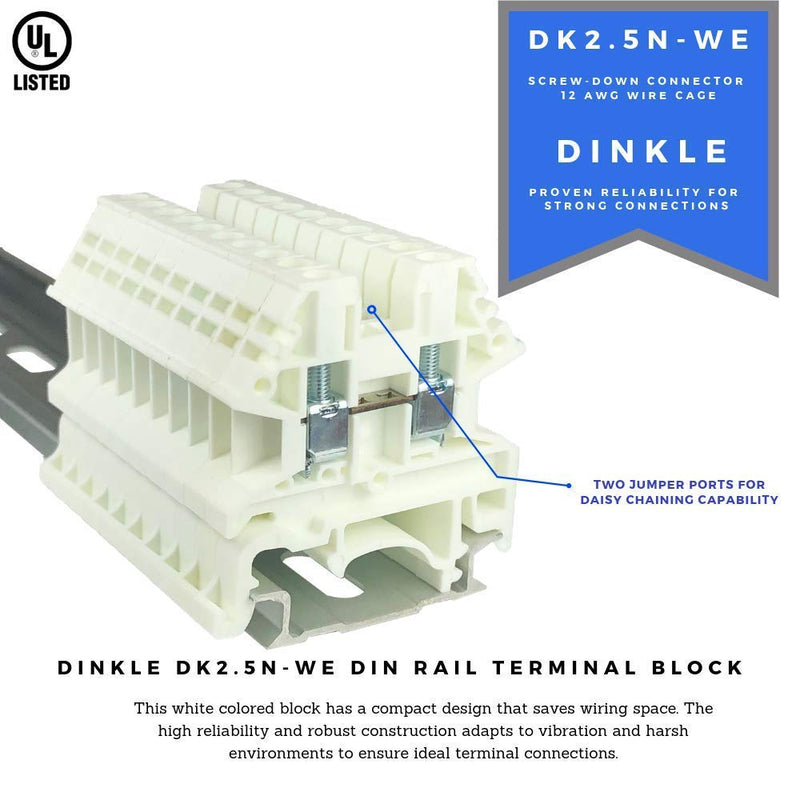 Dinkle White DK2.5N-WE DIN Rail Terminal Block Screw Type UL 600V 20A 12-22AWG, Pack of 50