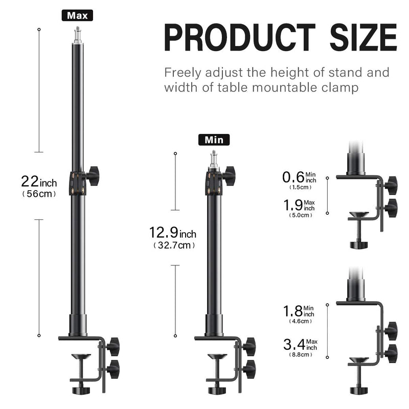 Pixel Desk Camera Mount Stand,12.9-22 inch Table C Clamp Mount Stand, Adjustable Aluminum Light Stand with 360°Ball Head,1/4" Screw Tip for DSLR Camera/Ring Light/Video Monitor/webcam light 1 Pack