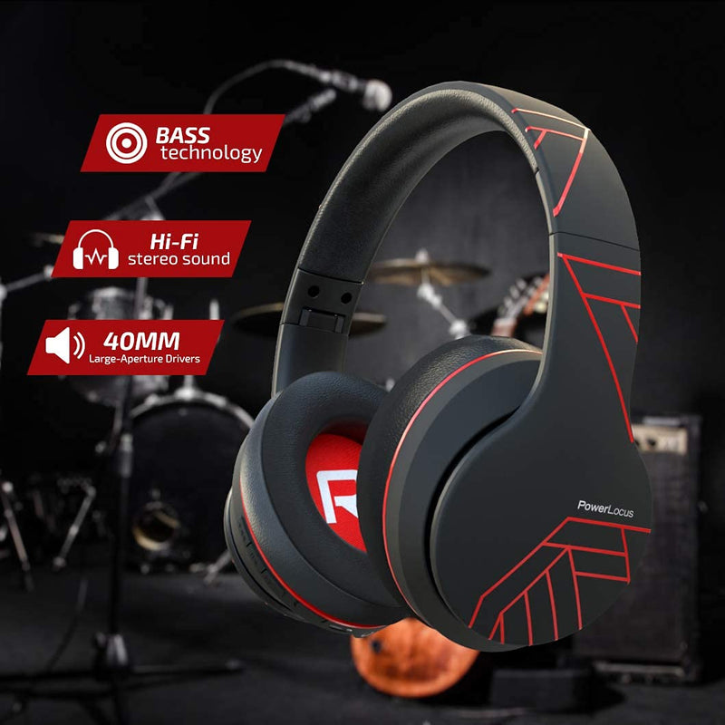 Wireless Bluetooth Headphones, PowerLocus Bluetooth Headphones Over Ear, Super Bass Hi-Fi Stereo, Soft Earmuffs, Foldable Wireless and Wired with Mic for Cell Phones, Online Class, Home Office, PC,TV Matt Red