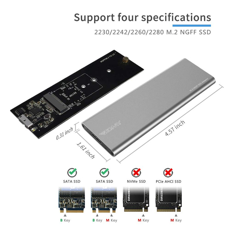 M.2 SATA NGFF SSD to USB 3.0 External SSD Case Reader Converter Adapter Enclosure with UASP, NGFF M.2 2280 2260 2242 2230 SSD with Key B/Key B+M(Grey)