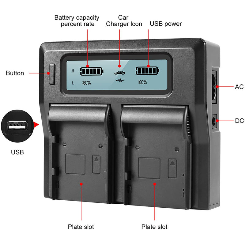 BM Premium 2 NP-F970 NP-F960 NP-F975 NP-F570 Batteries and Dual Bay LCD Battery Charger for Sony PXW-Z150, Z190, Z280, NEX-EA50M, FDR-AX14K, CN160 FW568 F100 F200 FW700 and Other LED Video Light