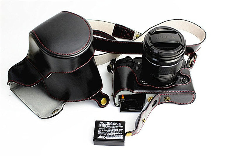 Fuji XT1 Case, BolinUS Handmade PU Leather Fullbody Camera Case Bag Cover for Fujifilm X-T1 XT1 with 18-55mm Lens Bottom Opening Version + Neck Strap -Black Black