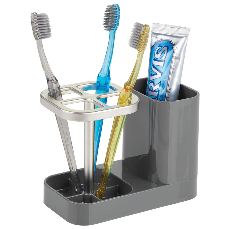 mDesign Plastic Toothbrush/Toothpaste Storage Organizer Holder with Cup for Bathroom, Vanity, Countertop Space - Holds Electric Toothbrush, Brush and Other Bathroom Accessories - Charcoal Gray/Satin Charcoal/Satin