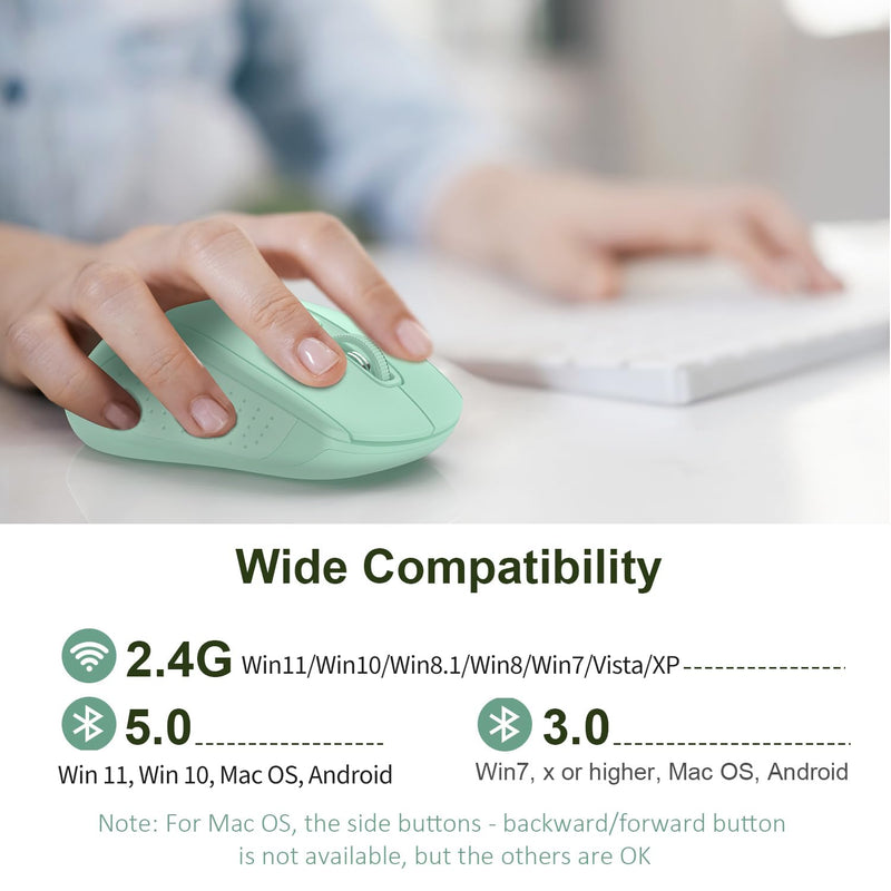 TECKNET Bluetooth Wireless Mouse, 3 Modes Bluetooth 5.0 & 3.0 Mouse 2.4G Wireless Portable Optical Mouse with USB Nano Receiver, 2400 DPI for Laptop, MacBook, PC, Windows, Android, OS System (Green) Green