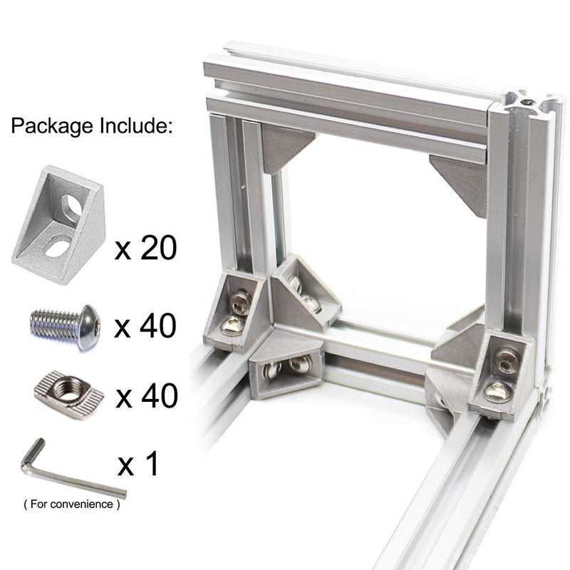 2020 Series Aluminum Profile Connector Set, 20pcs Corner Bracket, 40pcs Drop in T Nuts and Hex Screw Bolt for Slot 6mm 20S Aluminum Extrusion Profile Accessories