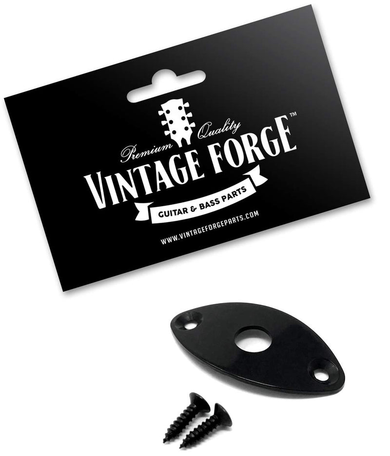 Vintage Forge Black Oval Jack Plate for Guitar and Bass with Screws Curved Metal Football Shape JPF30-BLK