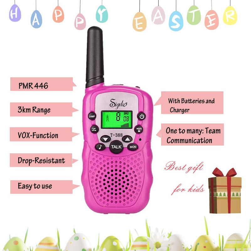 Sigdio Kids Walkie Talkies Rechargeable Walky Talky 22CH FRS 2 Way Radio Kids Toy with Multi-Charger Rechargeable Batteries VOX and Torch (Pink, 8 Rechargeable Batteries) pink