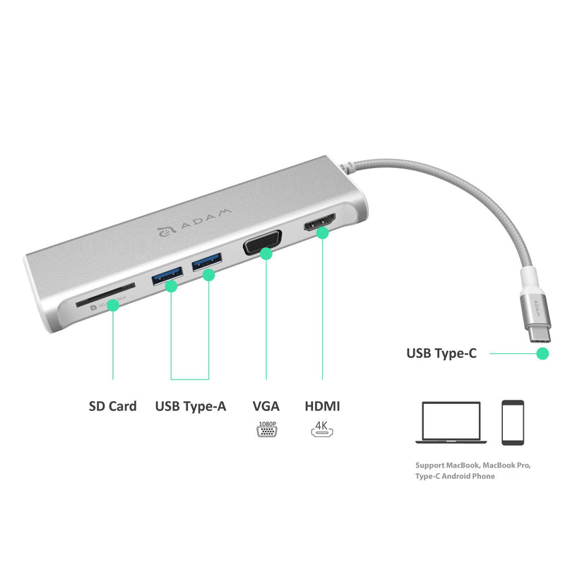 ADAM elements 5-in-1 USB C Hub - 4K USB C to HDMI - SD Card Reader - 2 USB 3.1 Ports - Portable, Durable Aluminum Case Gold