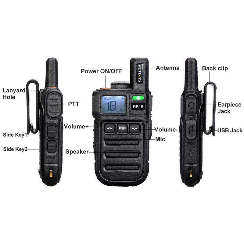 Retevis RB15 2 Way Radio Rechargeable Small Walkie Talkie for Adults with Emergency Alarm Vibrate Wireless Cloning (1 Pack)