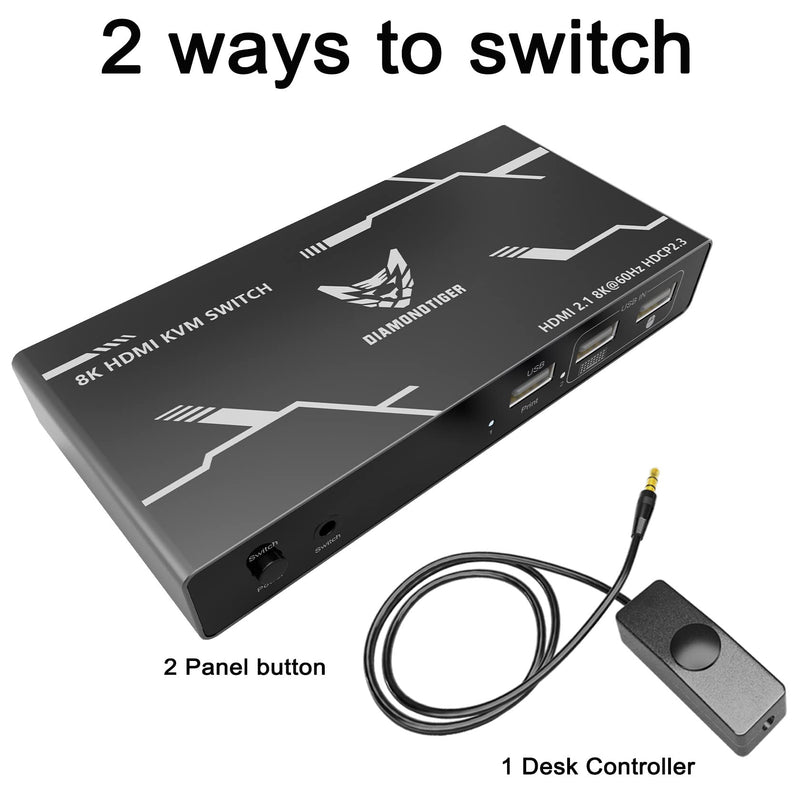 KVM Switch HDMI 2 Ports - 8K 60Hz HDMI 2.1 KVM Switch for 2 Computers 1 Monitor and 3 USB Ports to Share Mouse, Keyboard or Other USB Devices, HDCP 2.3, HDR 10, with Remote Controller and USB Cables