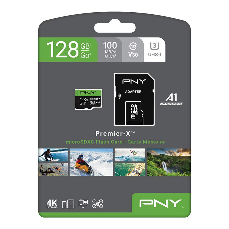 PNY 128GB Premier-X Class 10 U3 V30 microSDXC Flash Memory Card - 100MB/s, Class 10, U3, V30, A1, 4K UHD, Full HD, UHS-I, Micro SD