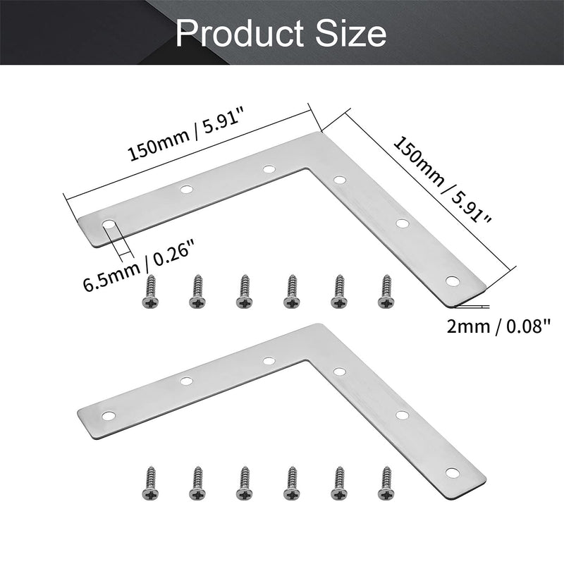 MroMax 2PCS L-Shaped Right Angle Bracket (L x W) Stainless Steel Right Angle Bracket Fastener Silver