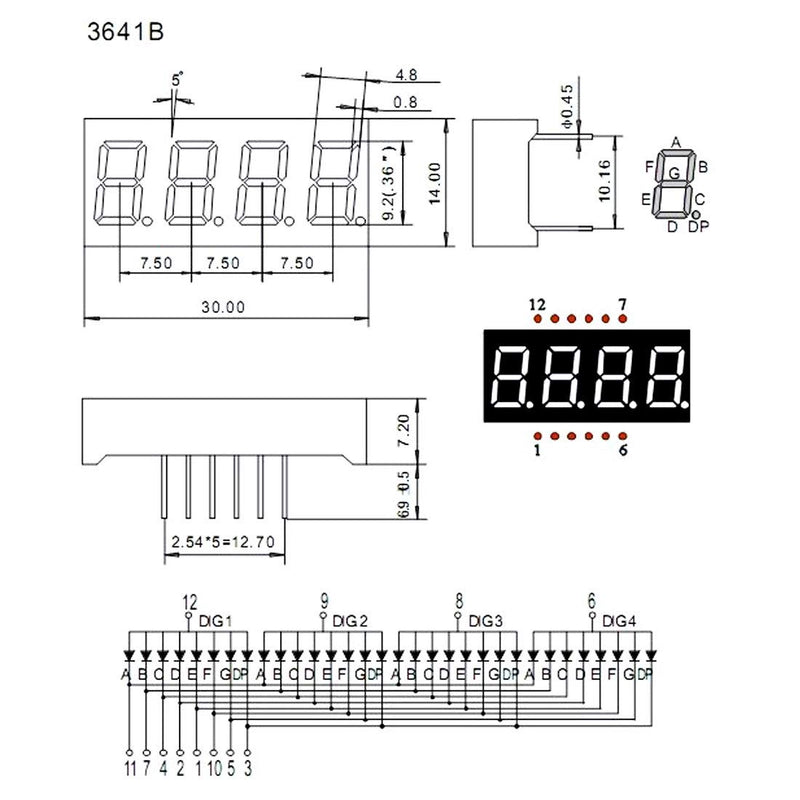 uxcell Common Anode 12 Pin 4 Bit 7 Segment 1.18 x 0.55 x 0.28 Inch 0.35" Red LED Display Digital Tube 10pcs