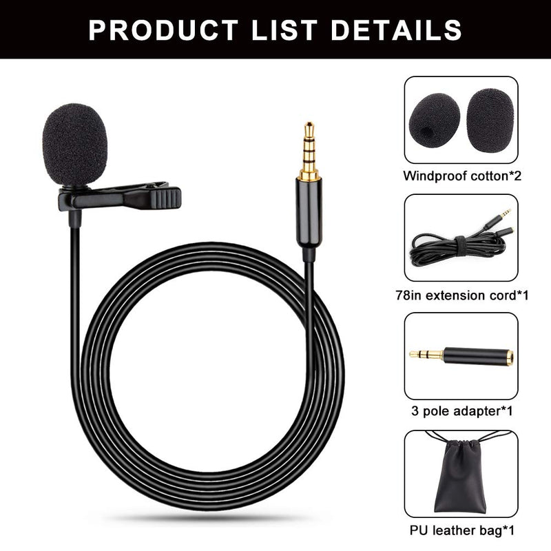 FOVERN1 Lavalier Microphone, Professional Lavalier Lapel Microphone Set, 3.5mm Omnidirectional Condenser Mic Compatible for iPhone iPad Mac Android Computer, Clip on Microphone for Video Recording