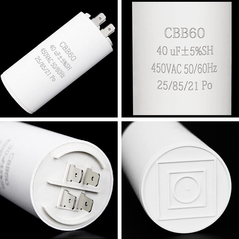40UF CBB60 Motor Run Capacitor, 450VAC 50/60HZ Cylindrical Capacitor for Motor Run, Washing Machines, Air Conditioners and Water Pumps 40uf
