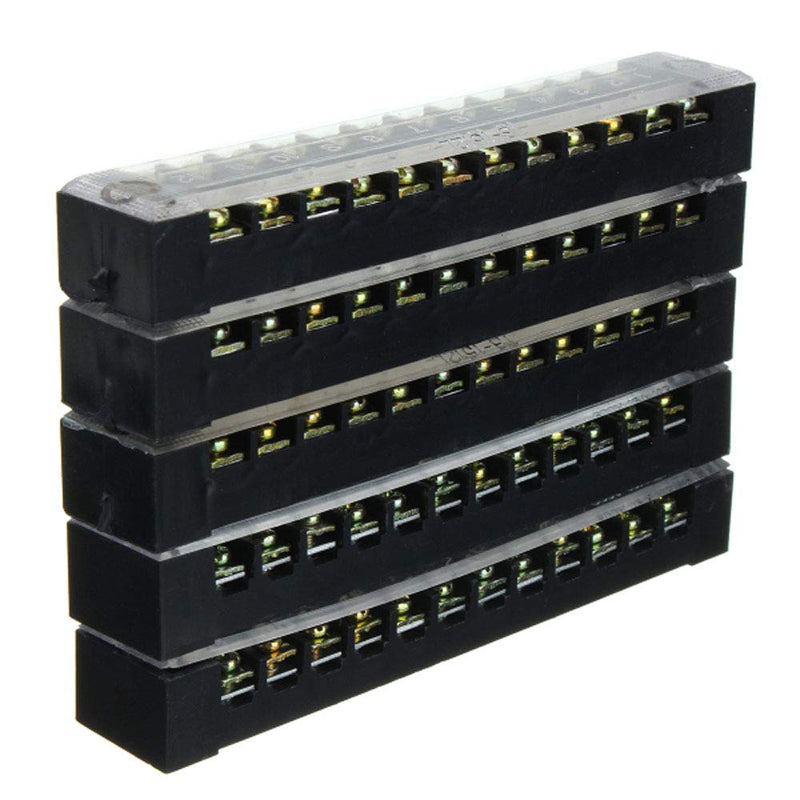 Summer-Home 5Pcs 15A 600V 12 Position Covered Dual Row Screw Terminal Barrier Strip Block Connector Bar