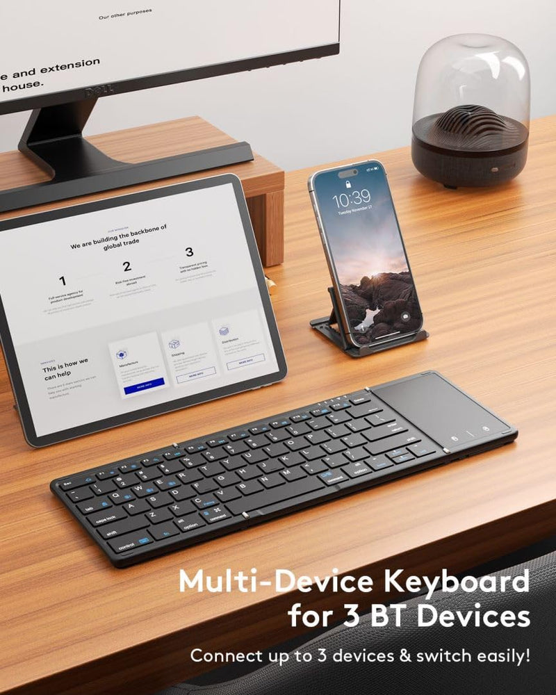 [AUSTRALIA] - Samsers Foldable Bluetooth Keyboard with Touchpad, Full-Size Wireless Folding Keyboard with PU Leather, Portable Travel Keyboard for iOS Android Windows Mac OS, Support 3 Devices (BT5.1 x 3), Black Refined Black 