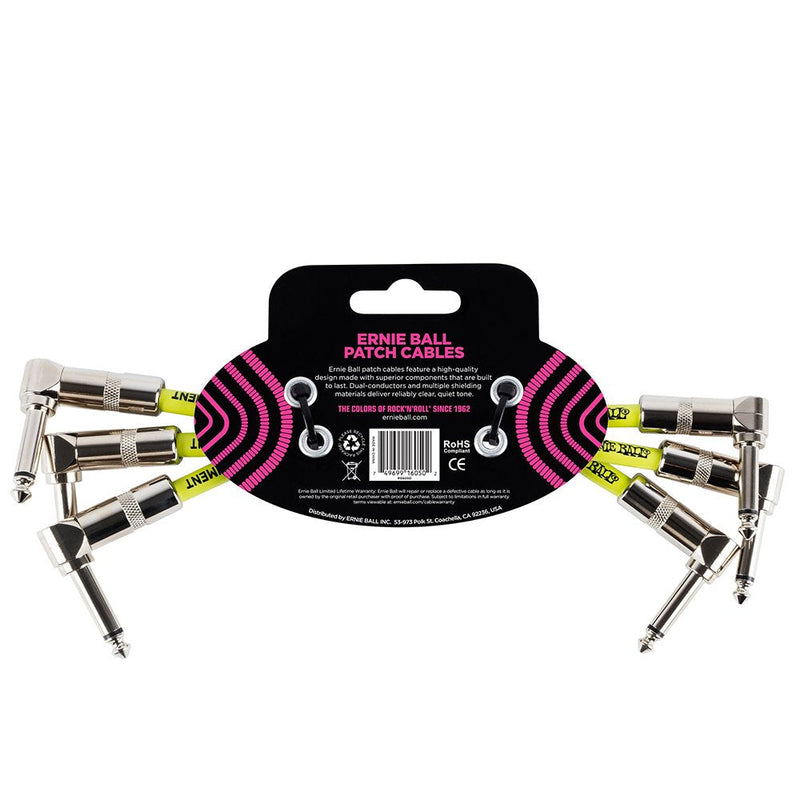 Ernie Ball Patch Cable 3-Pack, Angle/Angle, 6in, Black (P06050) 6 inch