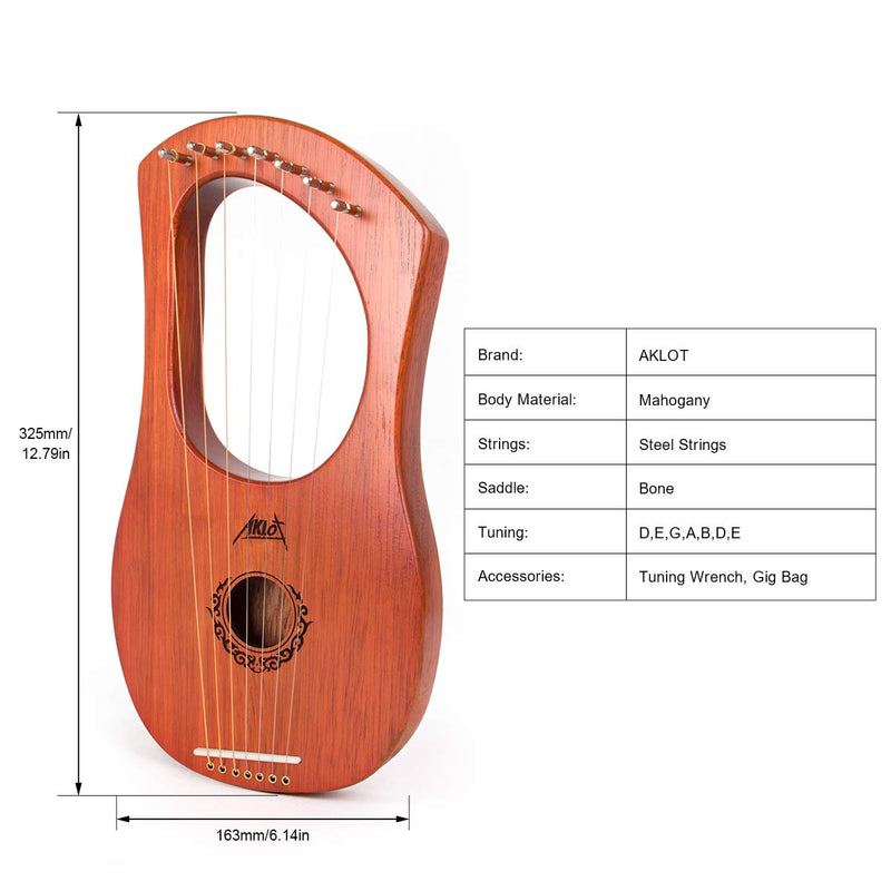 Aklot Lyre Harp, 7 Metal String Bone Saddle Mahogany Lye Harp with Tuning Wrench and Black Gig Bag 7 Strings