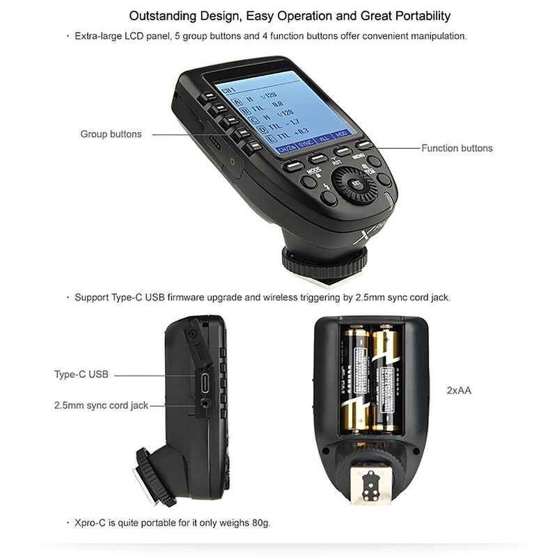 Godox Xpro-C TTL Wireless Flash Trigger for Canon 1/8000s HSS TTL-Convert-Manual Function Large Screen Slanted Design 5 Dedicated Group Buttons 11 Customizable Functions