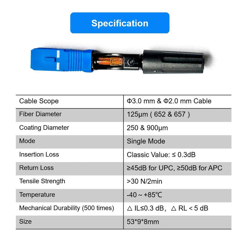 100pcs FTTH SC/UPC Single Mode Fiber Optic Fast Connector, 53mm Embedded Fiber Optic Quick Assembly Connector (SC/UPC 100pcs)