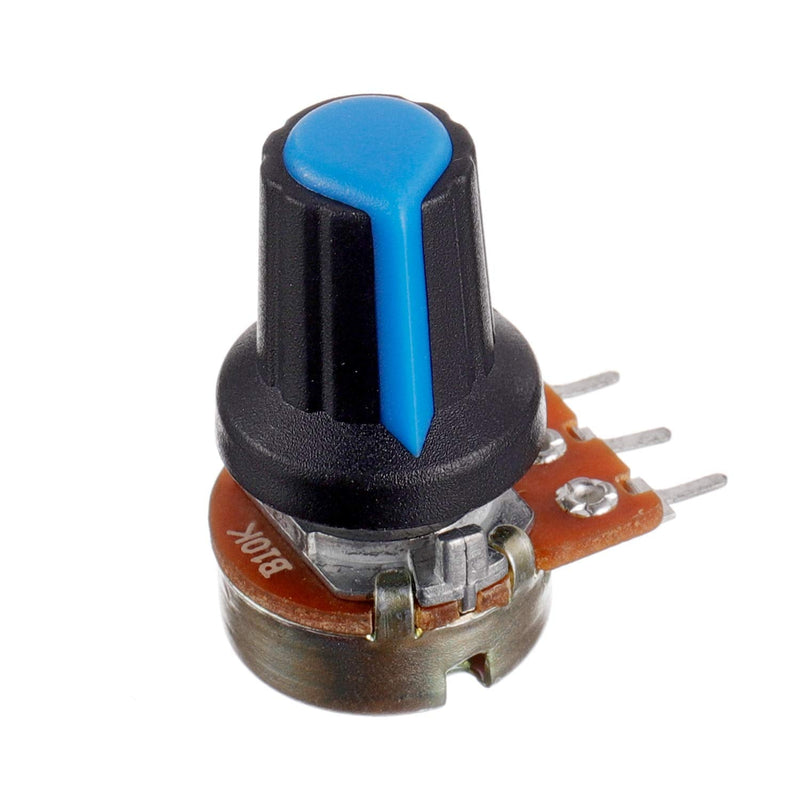 BOJACK 20 Sets B10K Knurled Shaft 3 Terminals Linear Taper Rotary Potentiometer(WH148)10K Ohm Single Turn Carbon Film Variable Resistor with Black Aluminum & Blue Plastic Knobs Kit