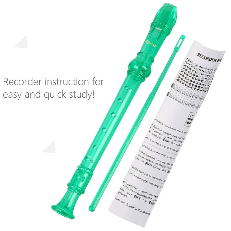 Soprano Descant Recorder 8 Hole-3 Piece Kids Crystal Music Flute w/Cleaning Rod Bag Instruction Green