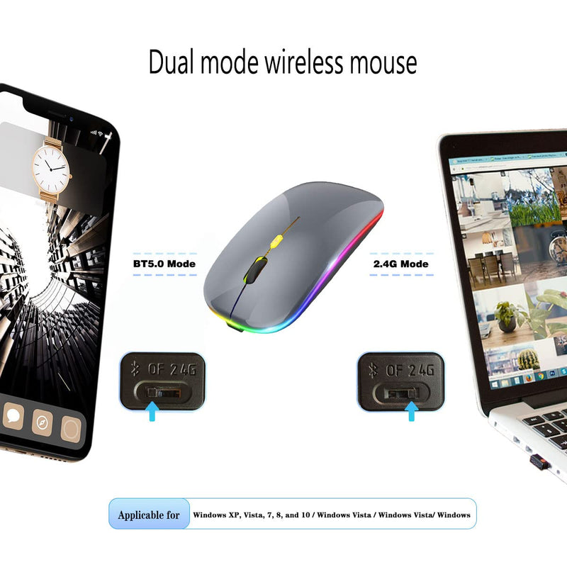 Wireless Bluetooth Mouse,LED Rechargeable Slim Silent Laptop Mouse,Portable(BT5.2+USB Receiver)Dual Mode Computer Mice,Quick Precise Responsiveness Control Laptop,Desktop Computer,Tablet,phone.(Grey) Grey