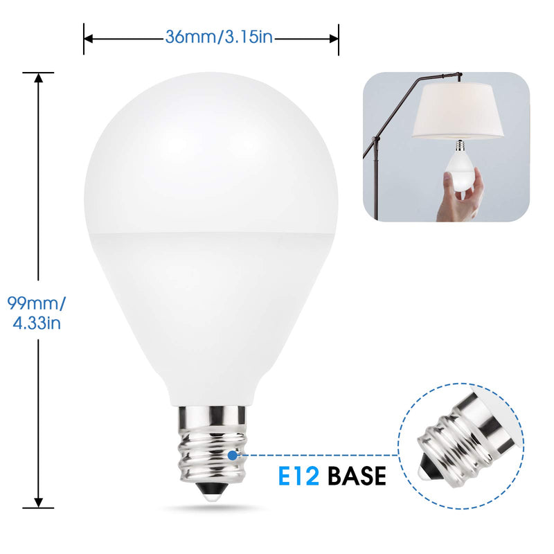 JandCase E12 LED Bulb, 6W=60W, Candelabra Light Bulbs, Daylight White 5000K, Small Base Globe Bulb for Ceiling Fan, Chandelier, UL Listed, 500 Lumen, G14 Decorative Round Bulb, Non-Dimmable, Pack of 4 6 Watts 6000K