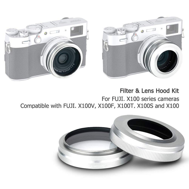L39 Multi-Coated UV Filter + Metal Adapter Ring + Metal Lens Hood, Lens Accessories Set for X100V X100F X100T X100S and X100 Camera, Replaces Fujifilm LH-X100 Hood and AR-X100 Adapter Ring Silver
