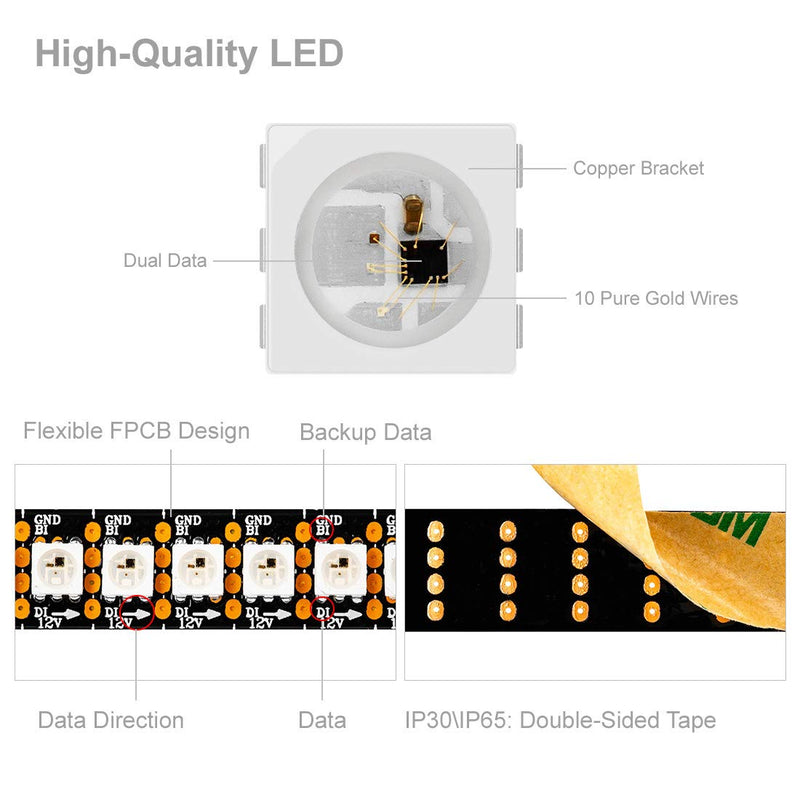 BTF-LIGHTING WS2815 (Upgraded WS2812B) 3.2ft 144(2x72) Pixels Individually Digital Addressable RGB Dual Signal LED Flexible Strip Light 5050 SMD IP30 Non-Waterproof Magic Dream Color DC12V Black PCB Black Pcb Ip30 3.3ft 144LEDs