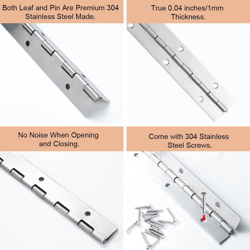 FVSEC 6 Pack 12 Inch Piano Hinge, Heavy Duty Continuous Hinge with Holes for Cabinets Boat Marine Door, 304 Stainless Steel 0.04" Leaf Thickness 1.2'' Open Width Silver